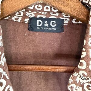 Vintage Dolce & Gabbana Brown Button-Down Shirt with White Logo Print